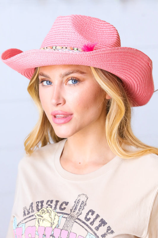 Pink Straw Boho Braided Tassel/Shell Strap Fedora Hat
