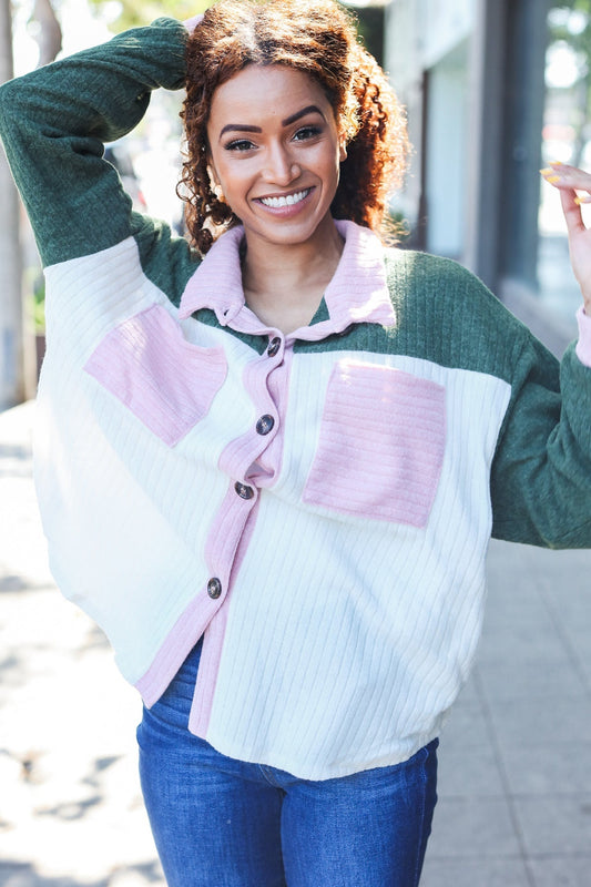 Pink & Green Color Block Ribbed Shacket