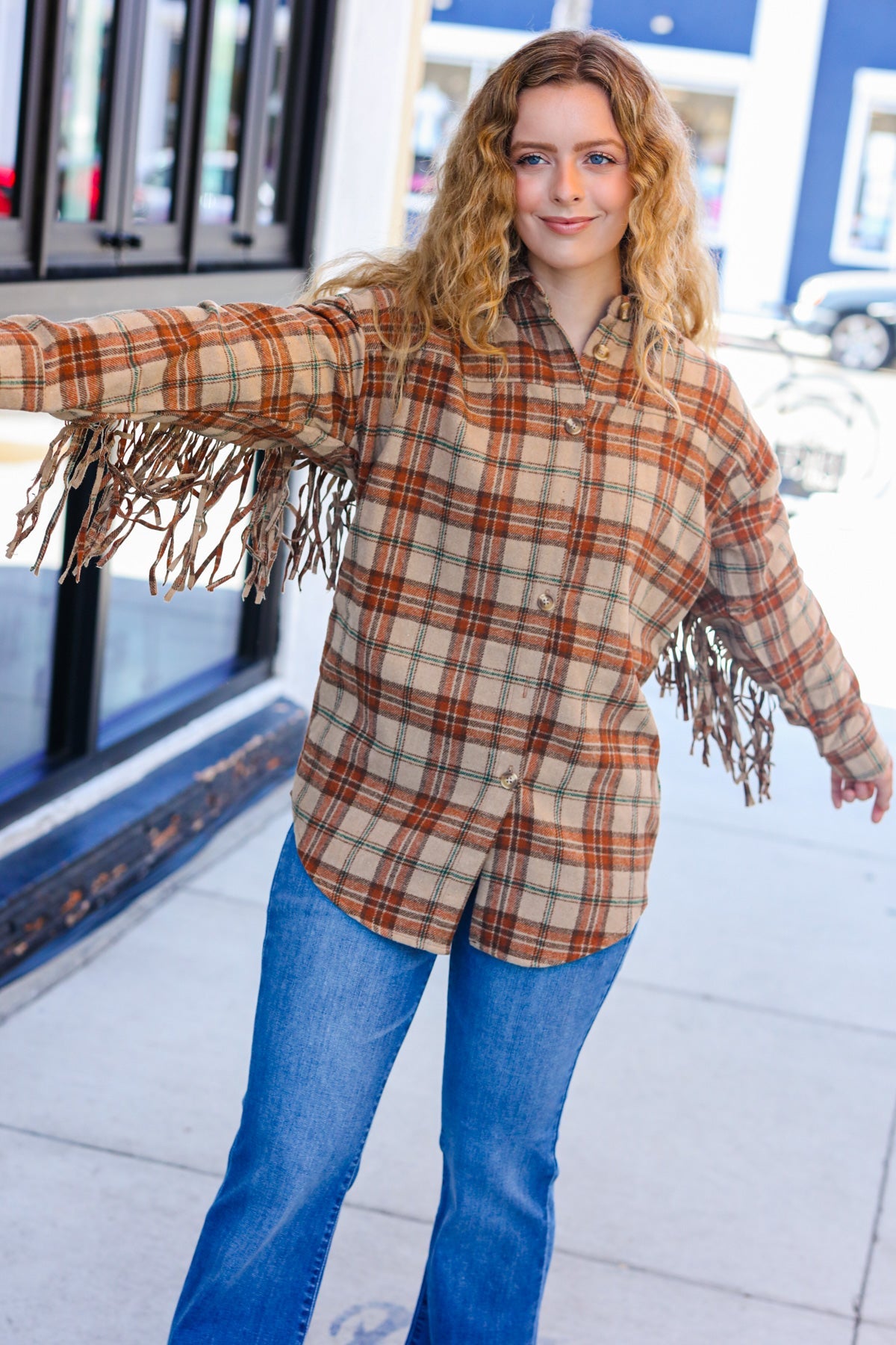 Taupe & Rust Flannel Plaid Fringe Jacket