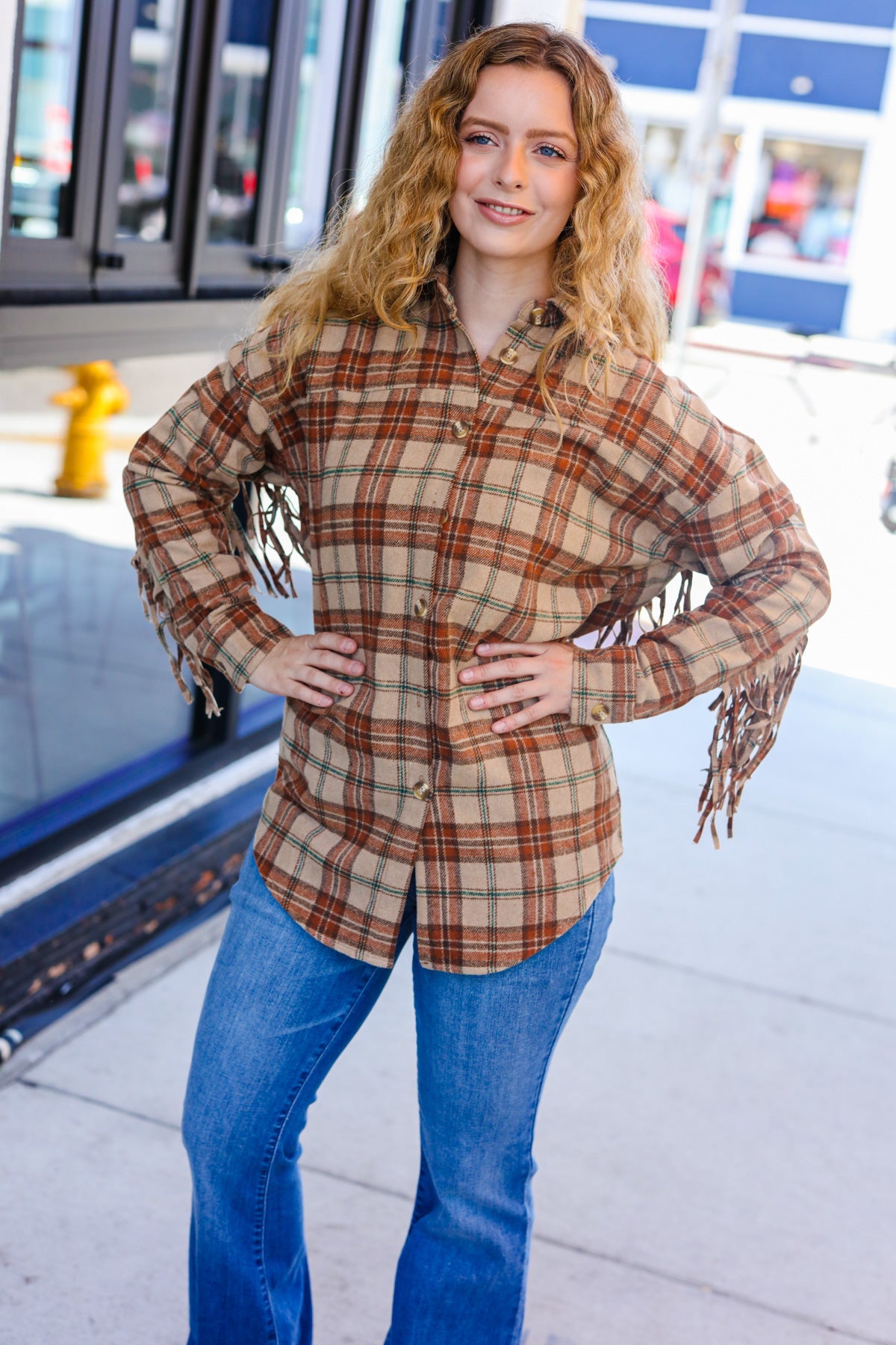 Taupe & Rust Flannel Plaid Fringe Jacket