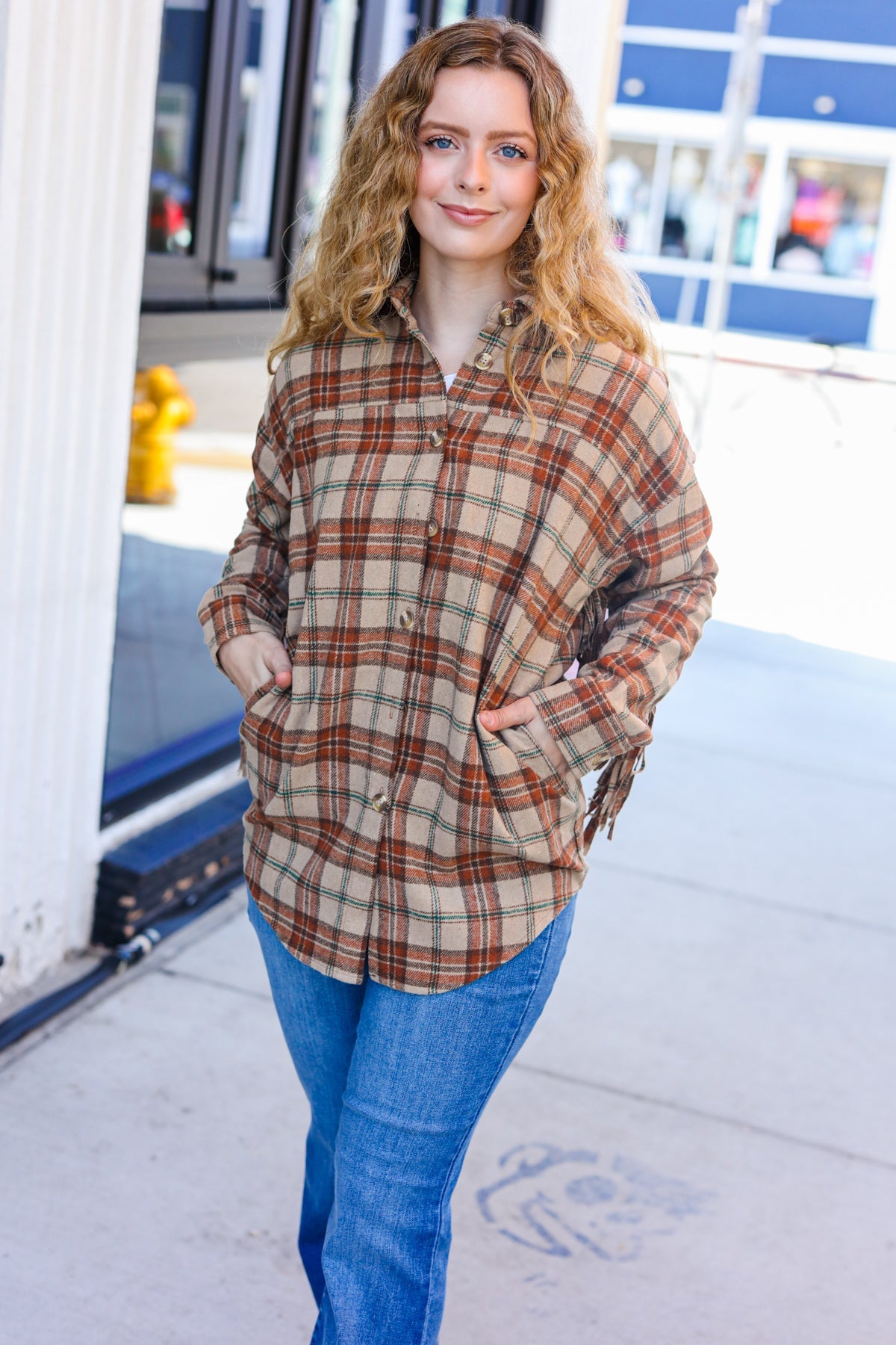 Taupe & Rust Flannel Plaid Fringe Jacket