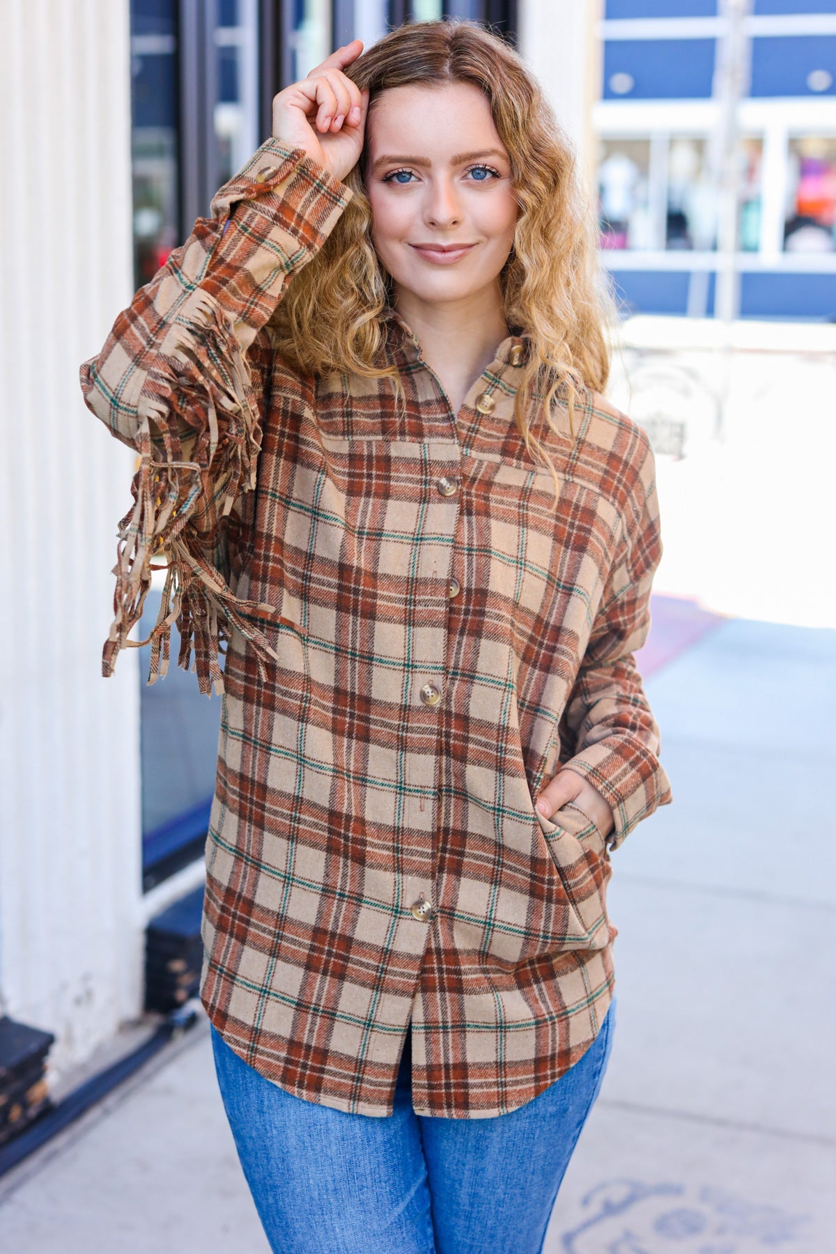 Taupe & Rust Flannel Plaid Fringe Jacket