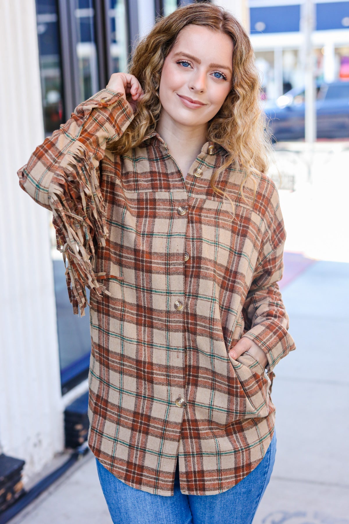 Taupe & Rust Flannel Plaid Fringe Jacket