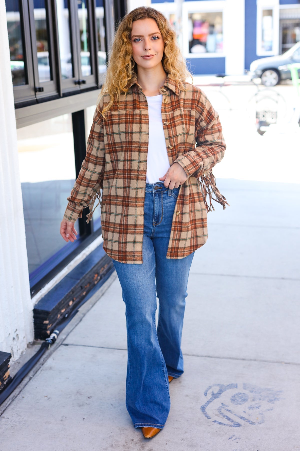 Taupe & Rust Flannel Plaid Fringe Jacket