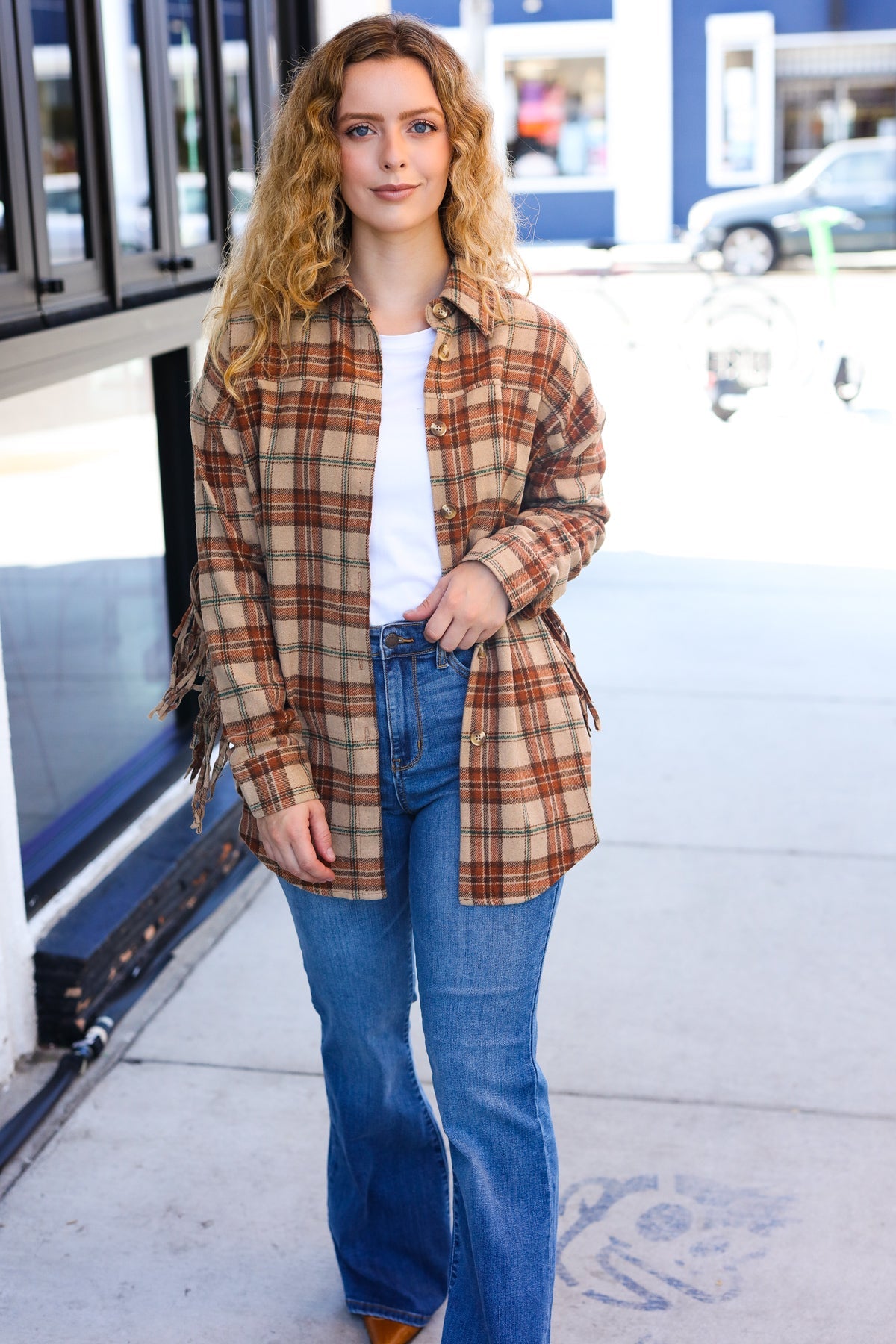 Taupe & Rust Flannel Plaid Fringe Jacket