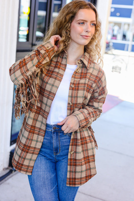 Taupe & Rust Flannel Plaid Fringe Jacket