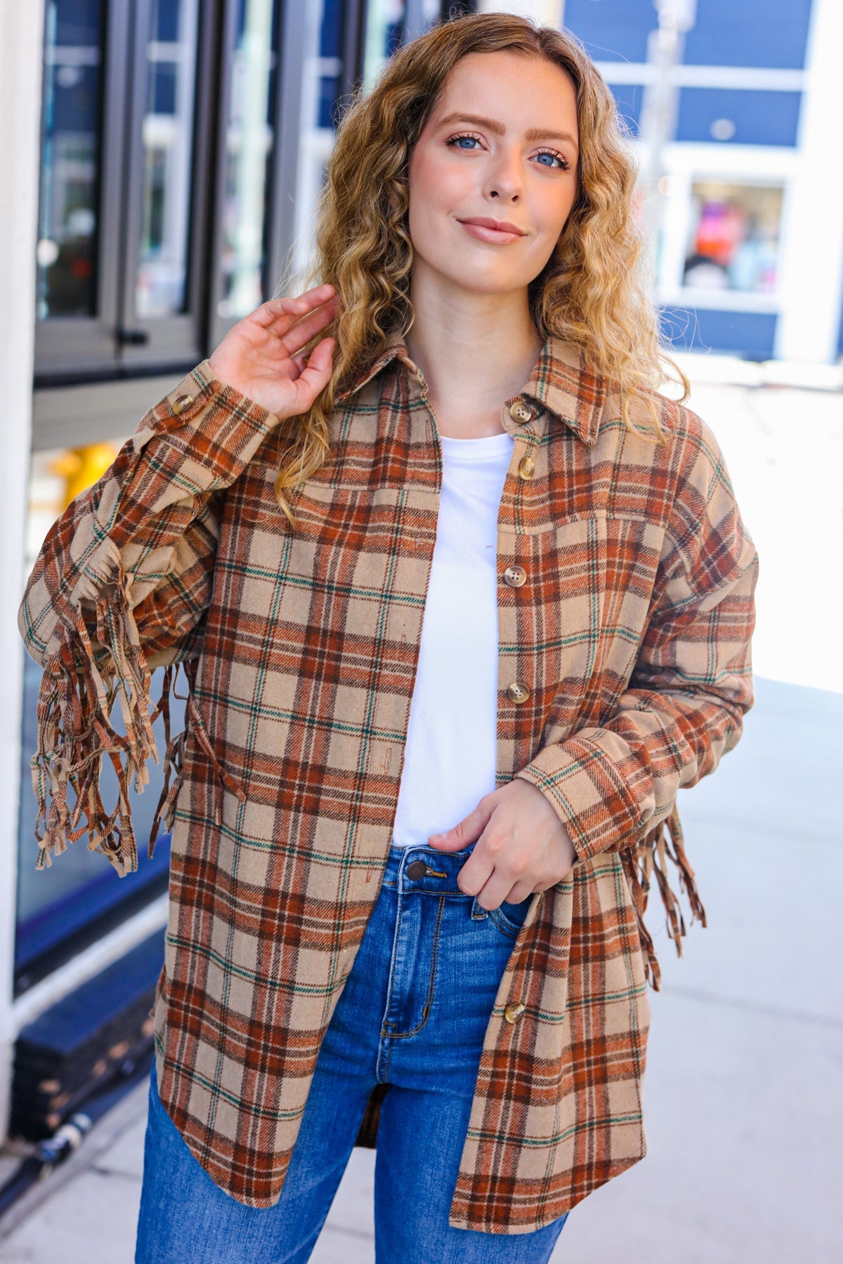 Taupe & Rust Flannel Plaid Fringe Jacket