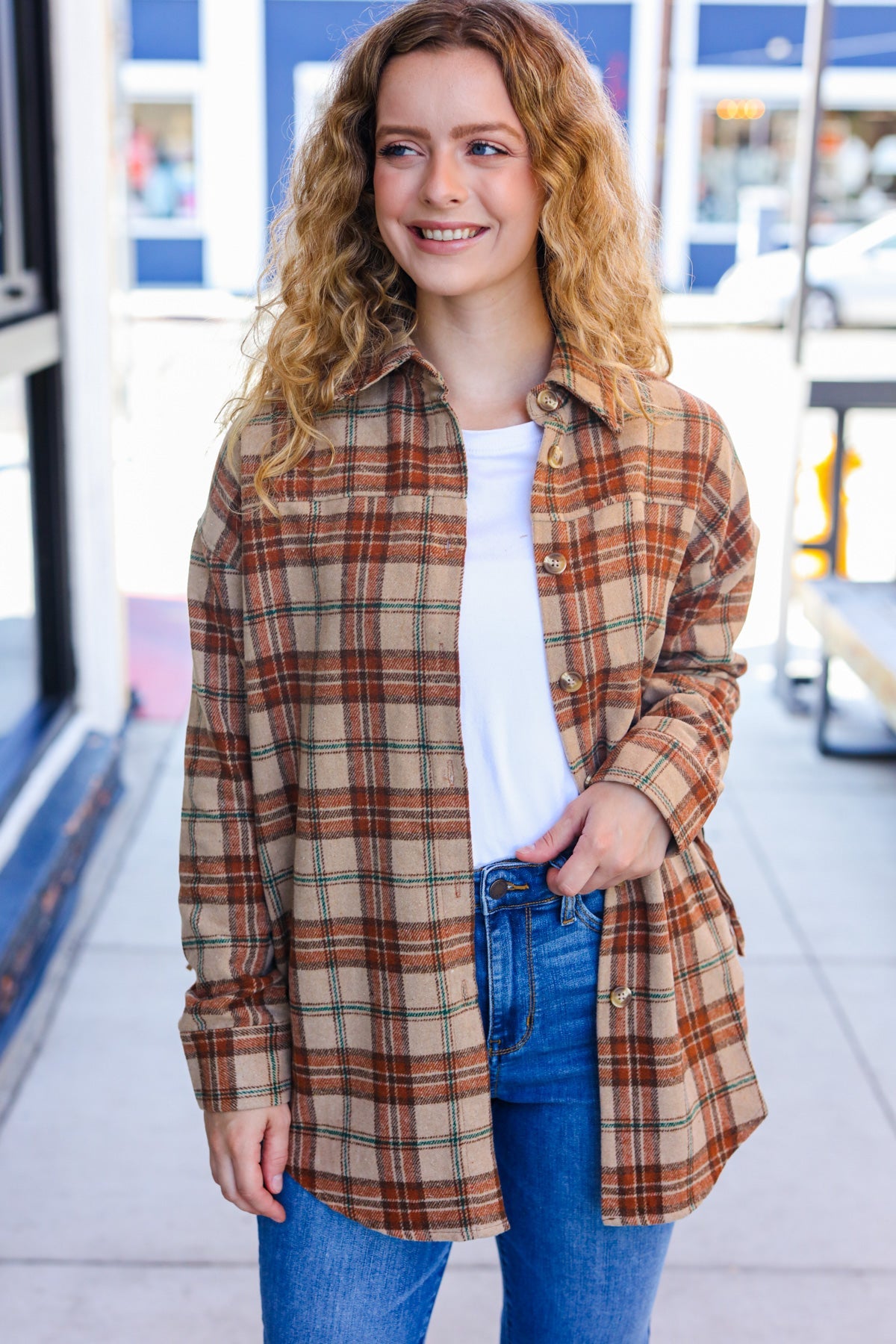 Taupe & Rust Flannel Plaid Fringe Jacket