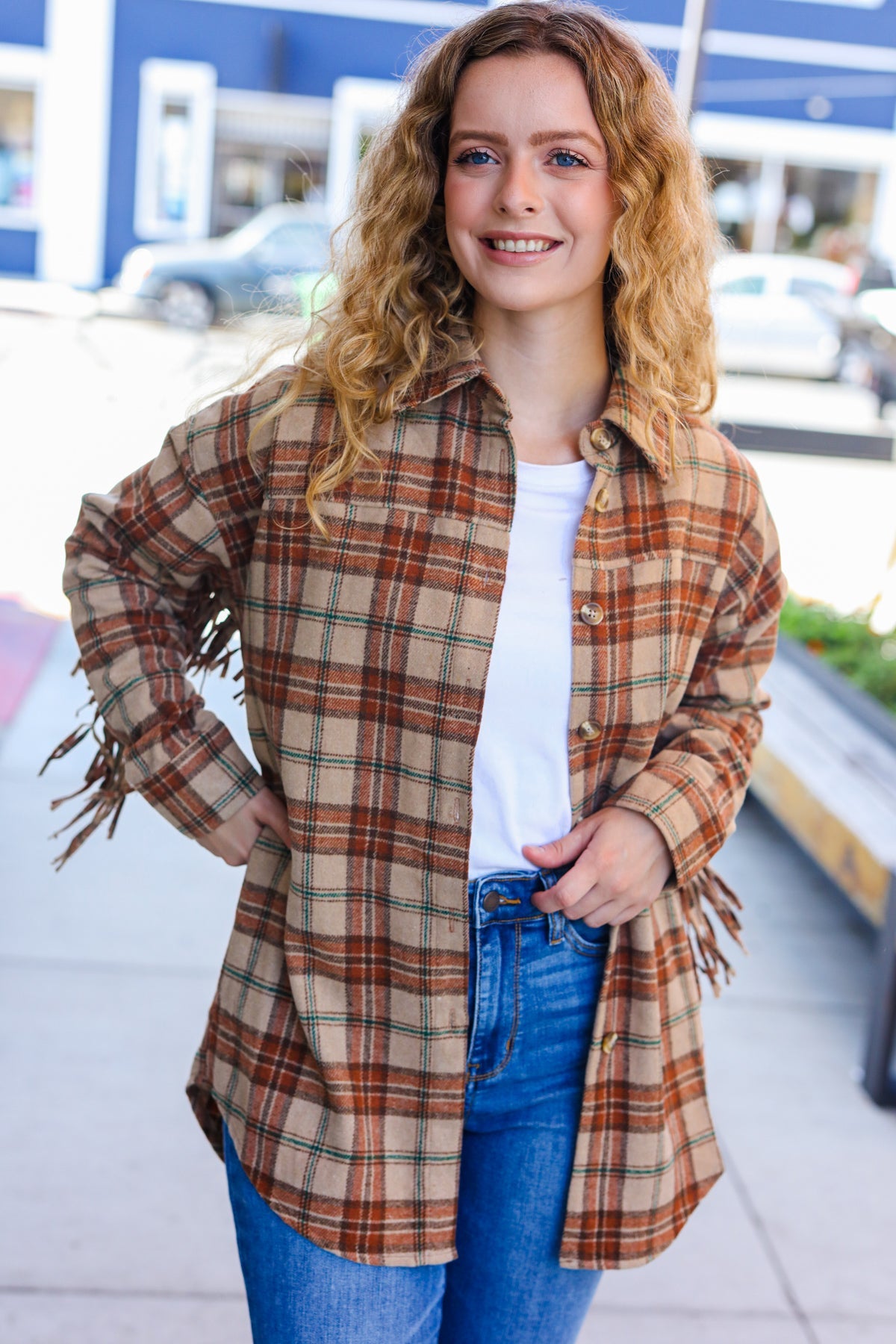 Taupe & Rust Flannel Plaid Fringe Jacket