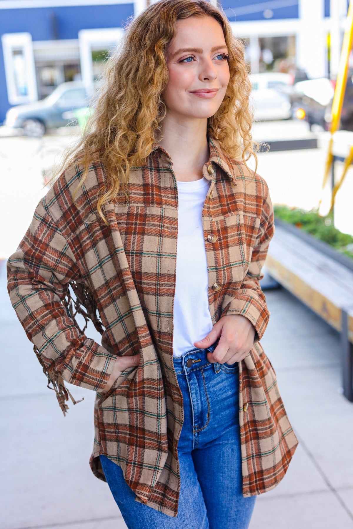 Taupe & Rust Flannel Plaid Fringe Jacket