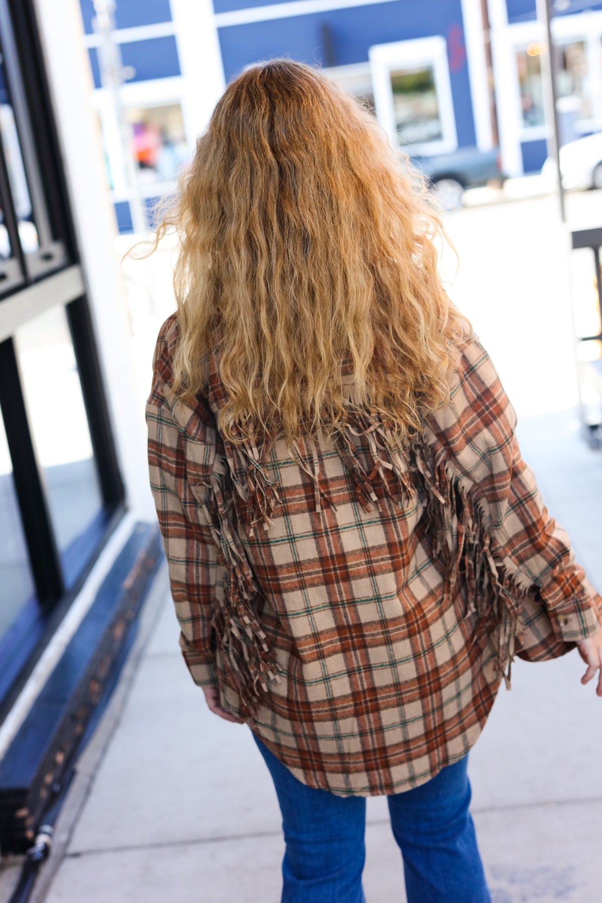 Taupe & Rust Flannel Plaid Fringe Jacket