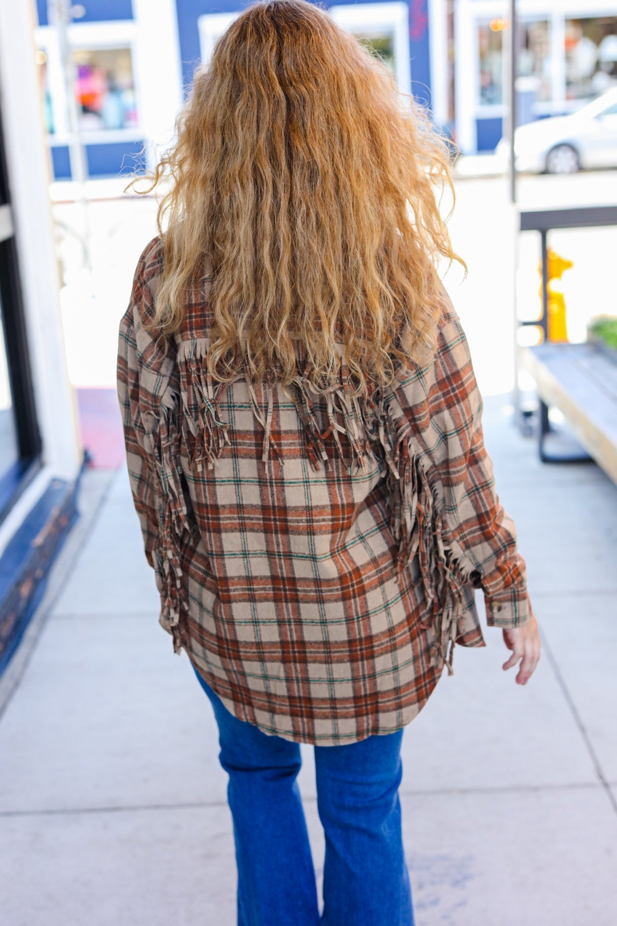 Taupe & Rust Flannel Plaid Fringe Jacket