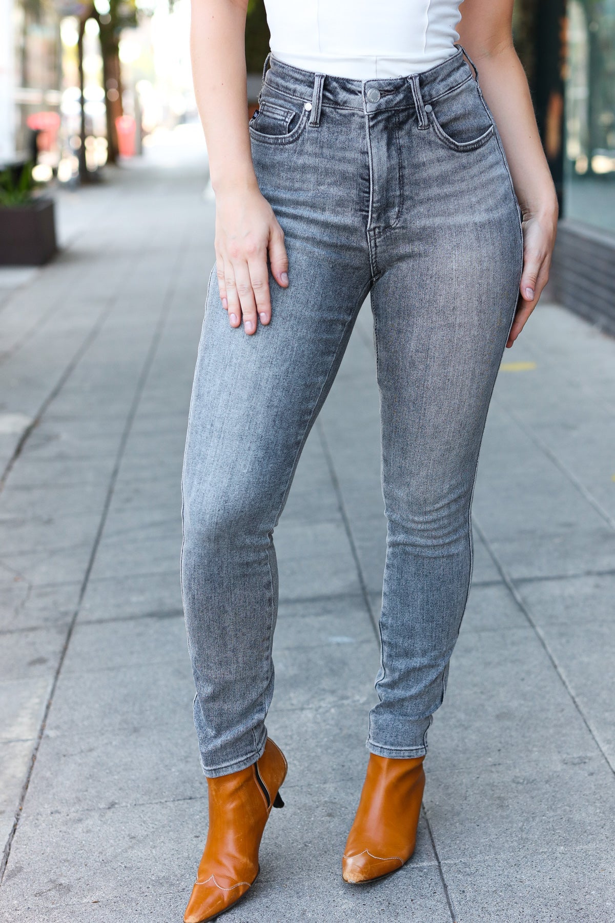 Grey Mid Rise Tummy Control Skinny Jeans