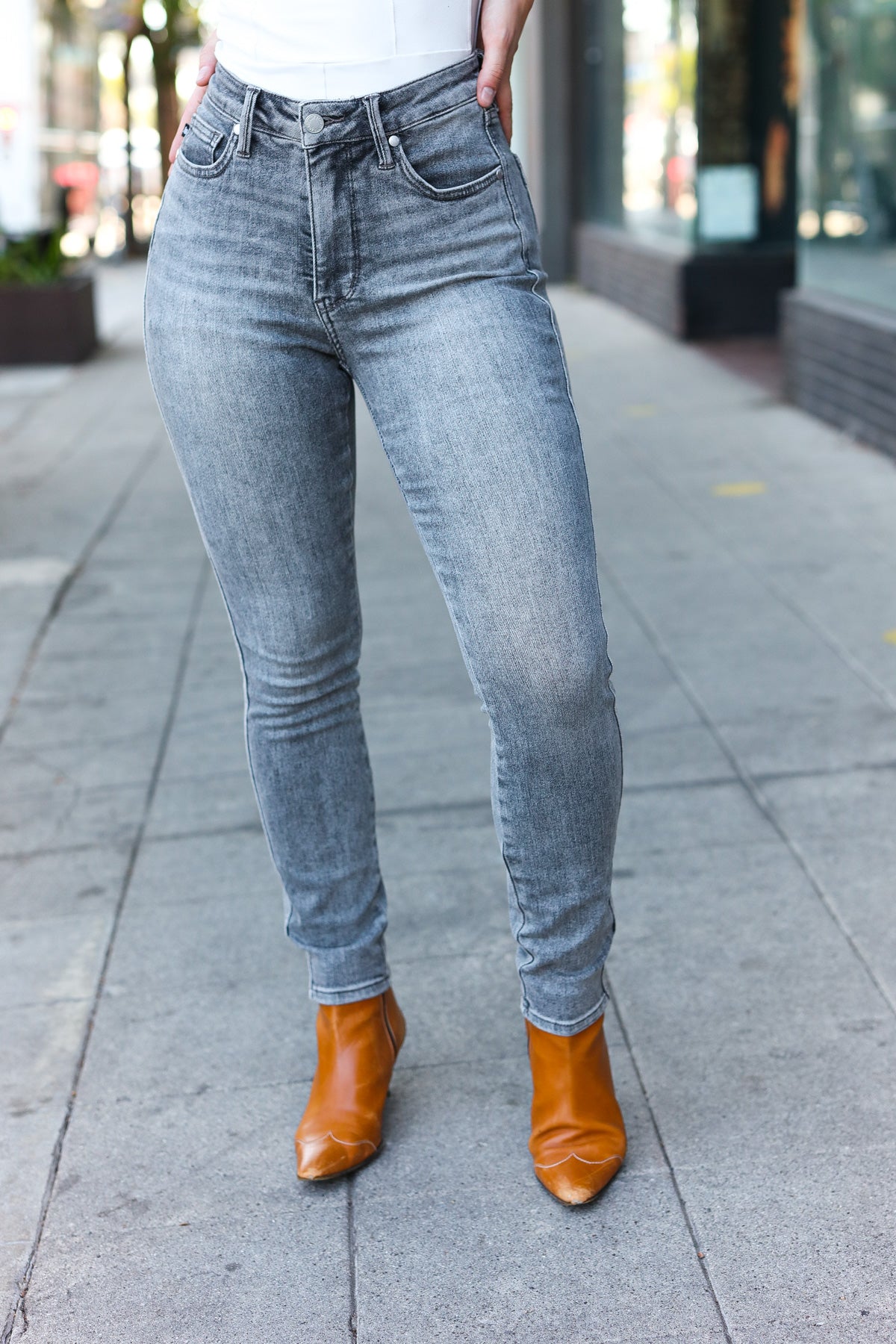 Grey Mid Rise Tummy Control Skinny Jeans