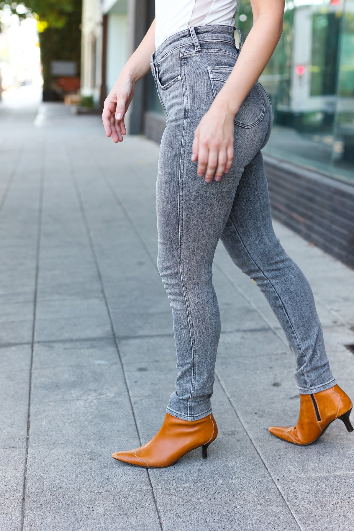 Grey Mid Rise Tummy Control Skinny Jeans