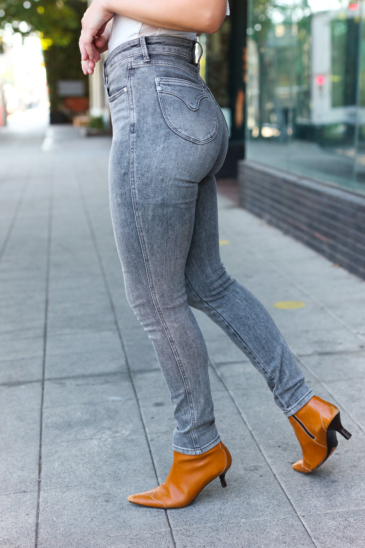 Grey Mid Rise Tummy Control Skinny Jeans