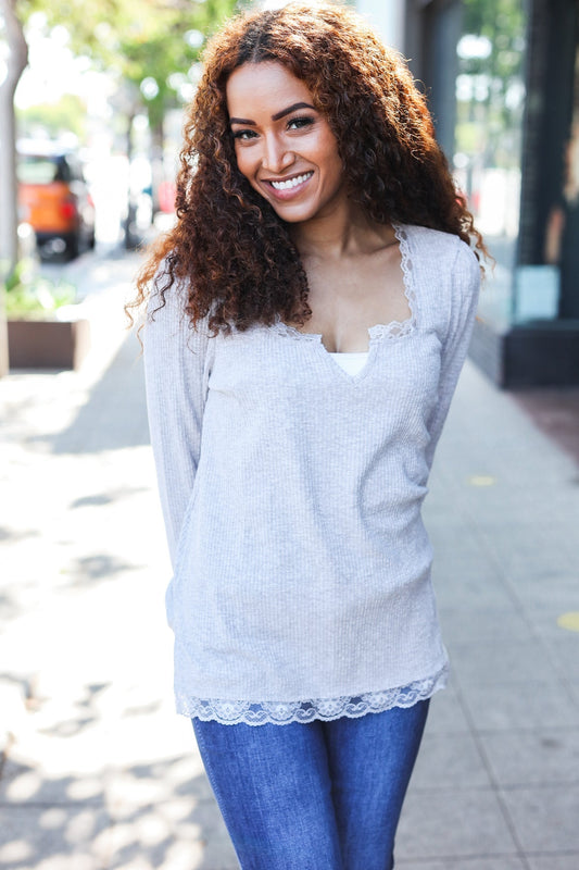 Grey Lace Trim Rib Long Sleeve Top