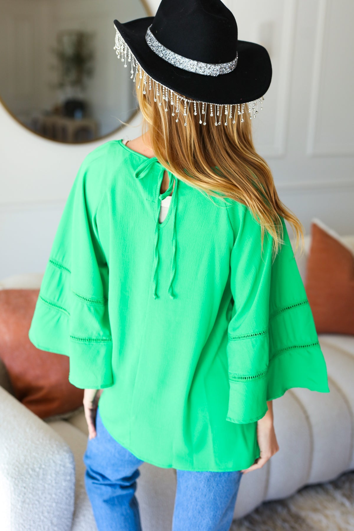 Green Crepe Back Tie Strap Crochet Bell Sleeve Blouse