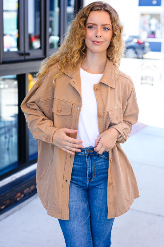 Camel Terry Oversized Shirt Shacket