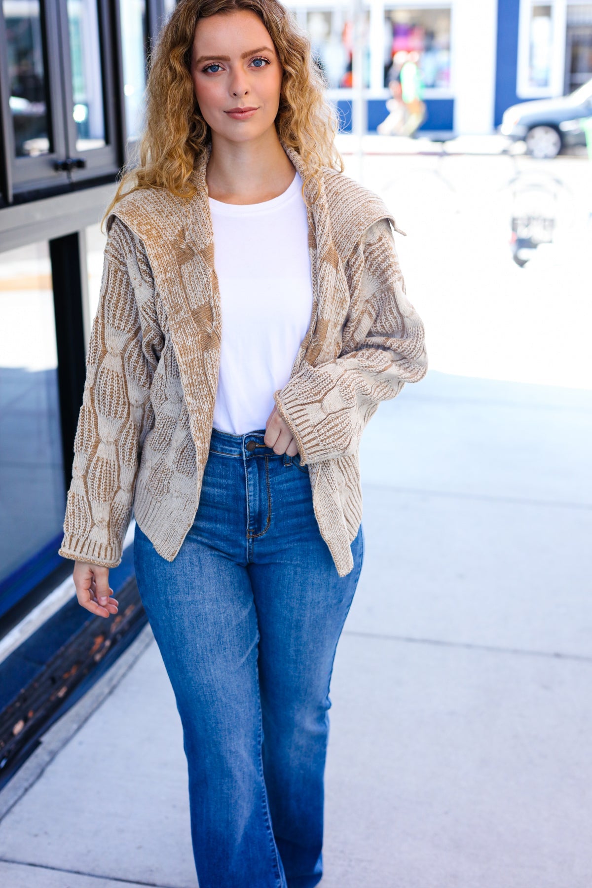 Taupe Textured Cable Knit Collared Cardigan