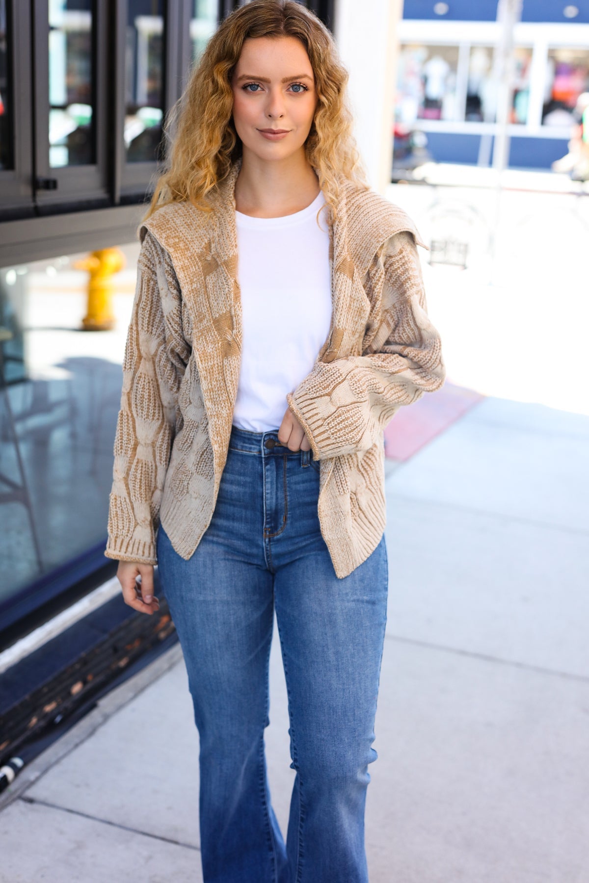 Taupe Textured Cable Knit Collared Cardigan