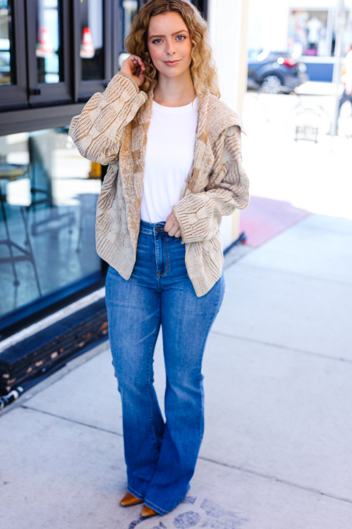 Taupe Textured Cable Knit Collared Cardigan