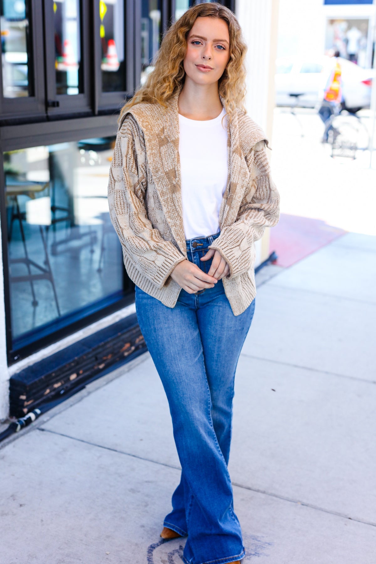 Taupe Textured Cable Knit Collared Cardigan