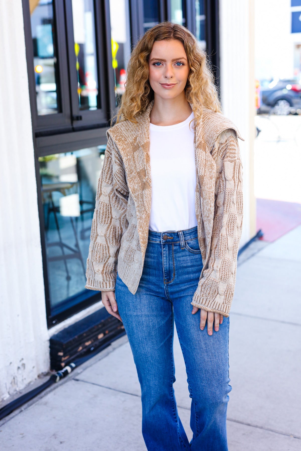 Taupe Textured Cable Knit Collared Cardigan