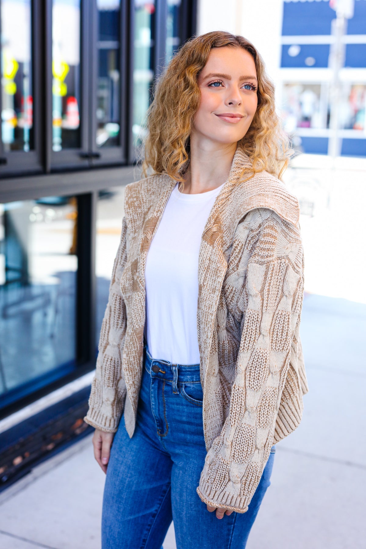 Taupe Textured Cable Knit Collared Cardigan