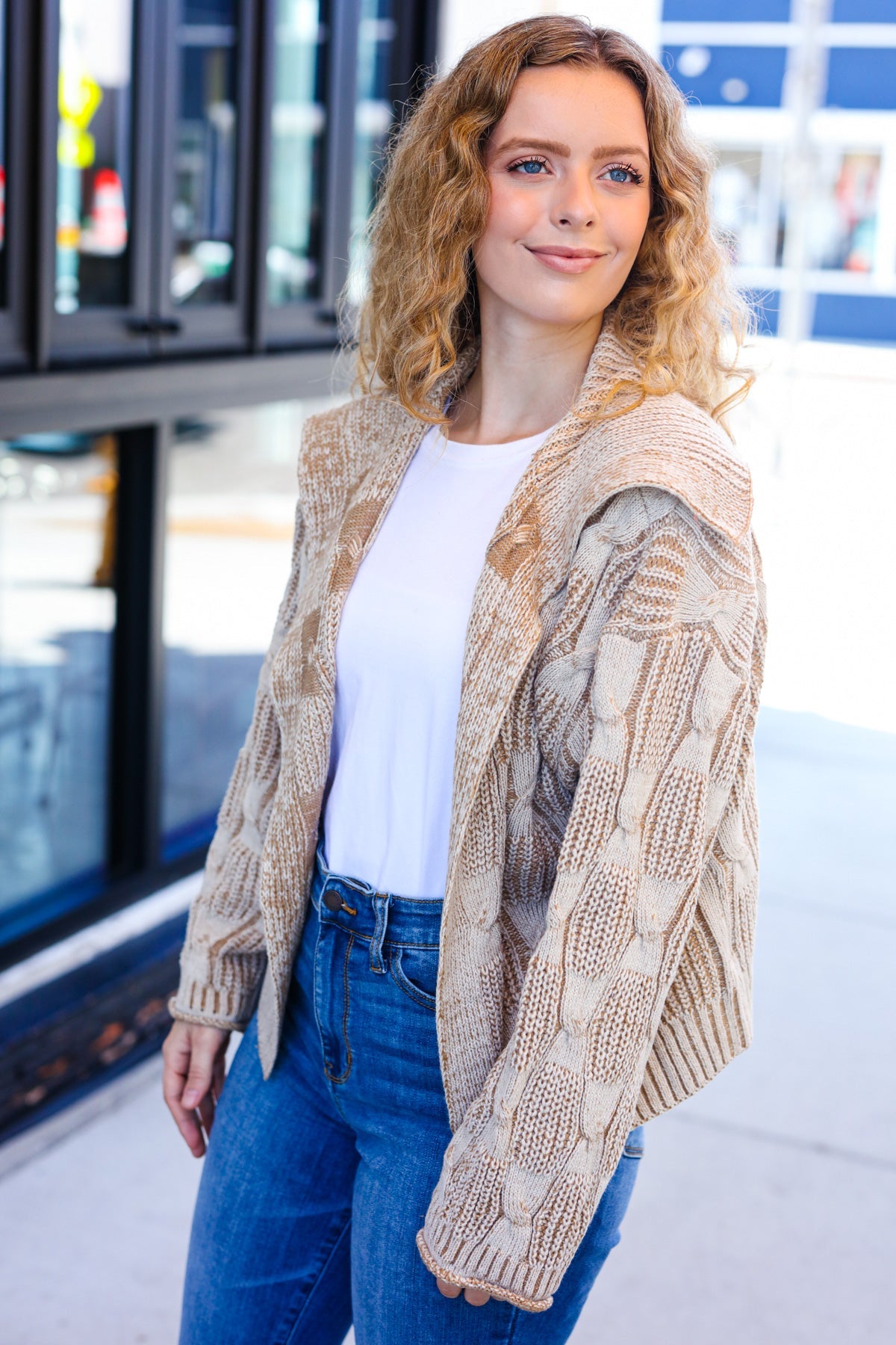 Taupe Textured Cable Knit Collared Cardigan