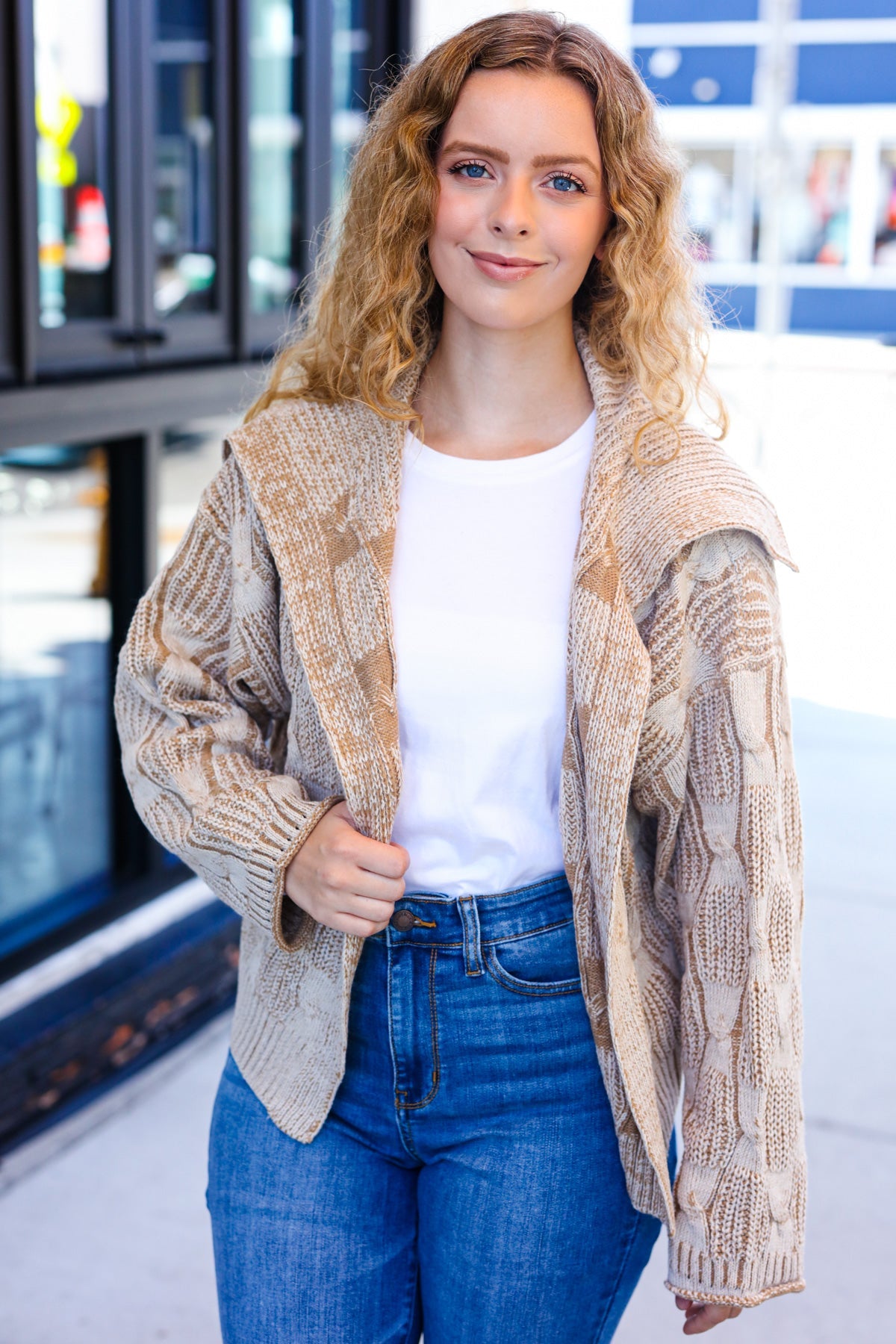 Taupe Textured Cable Knit Collared Cardigan