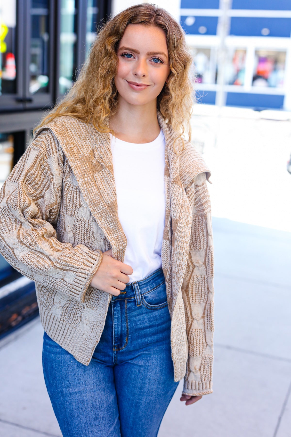 Taupe Textured Cable Knit Collared Cardigan