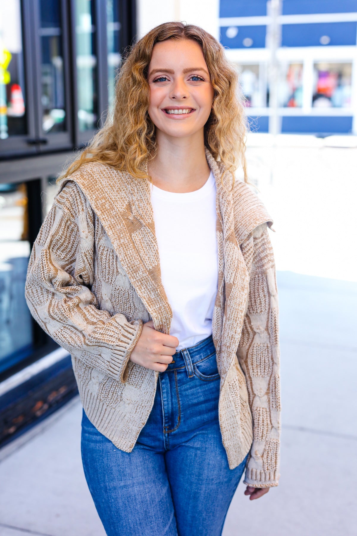 Taupe Textured Cable Knit Collared Cardigan