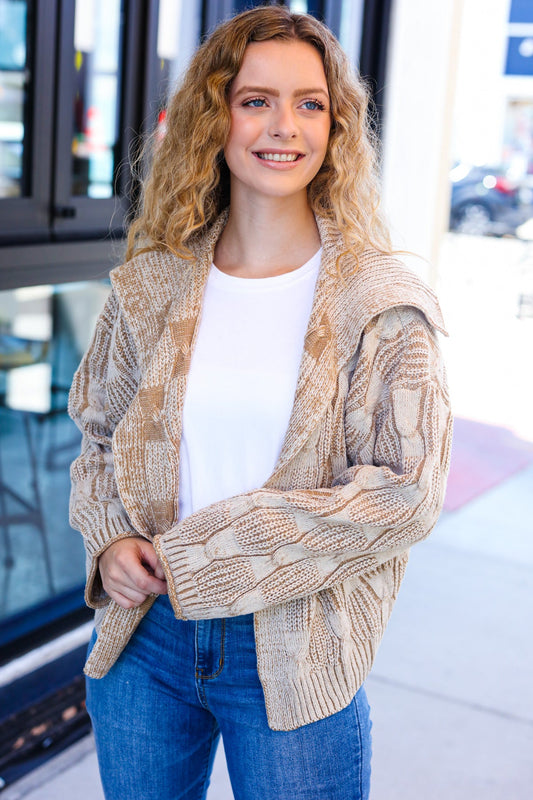 Taupe Textured Cable Knit Collared Cardigan