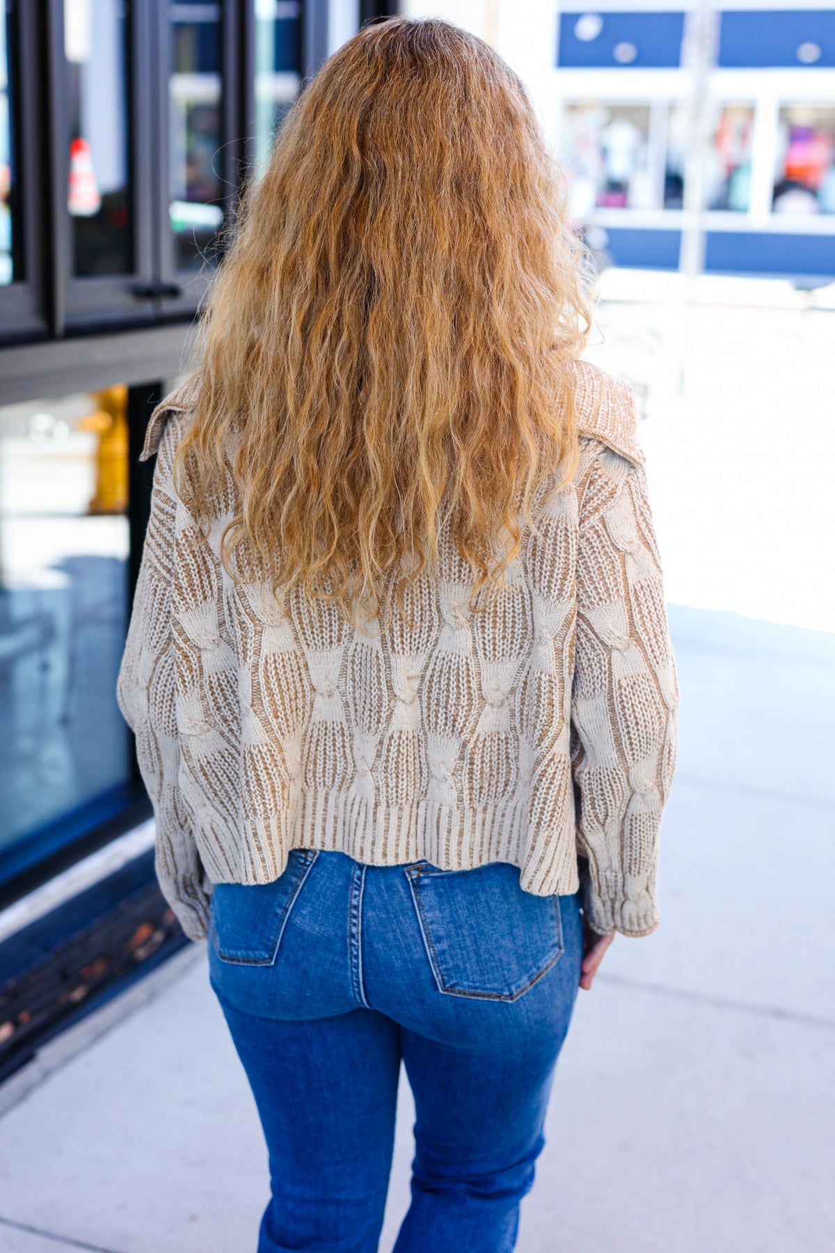 Taupe Textured Cable Knit Collared Cardigan