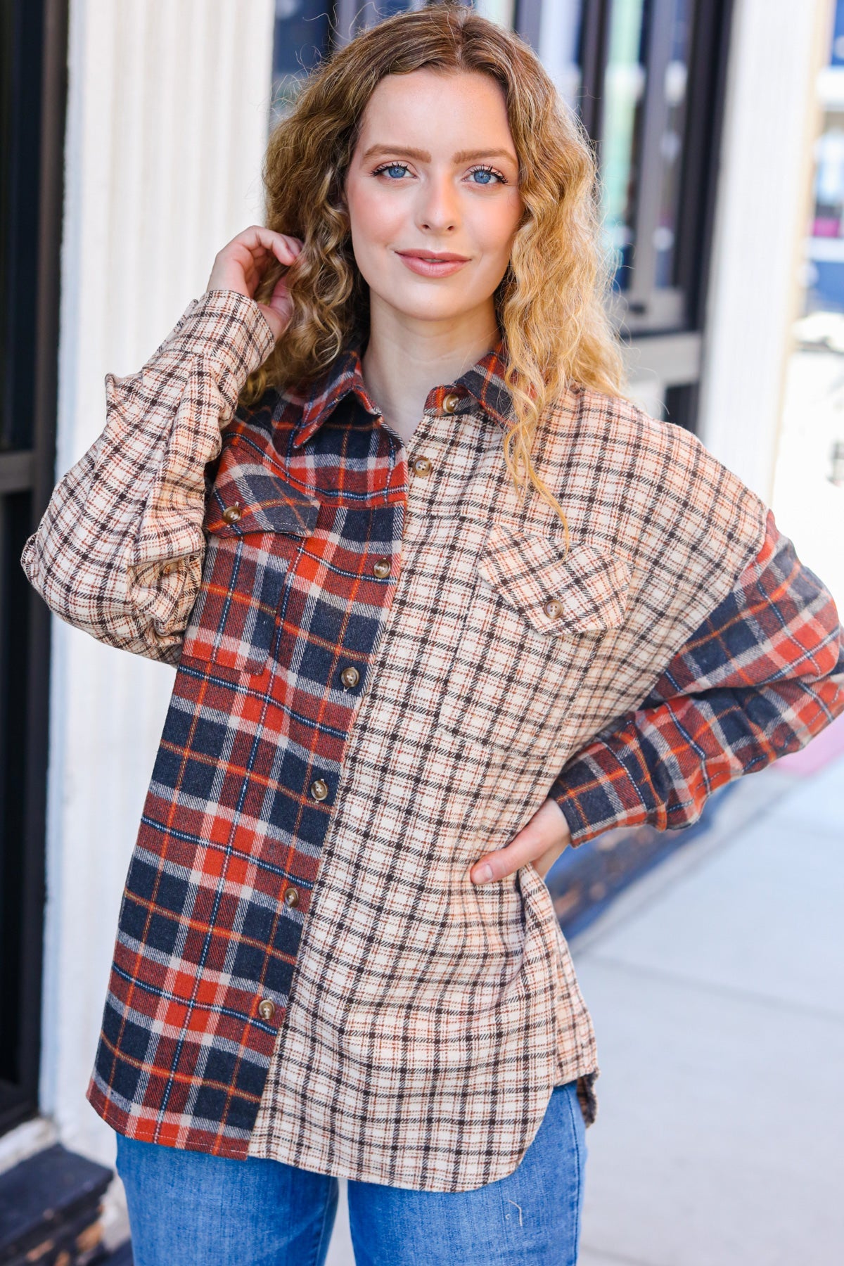 Rust & Taupe Plaid Color Block Shacket