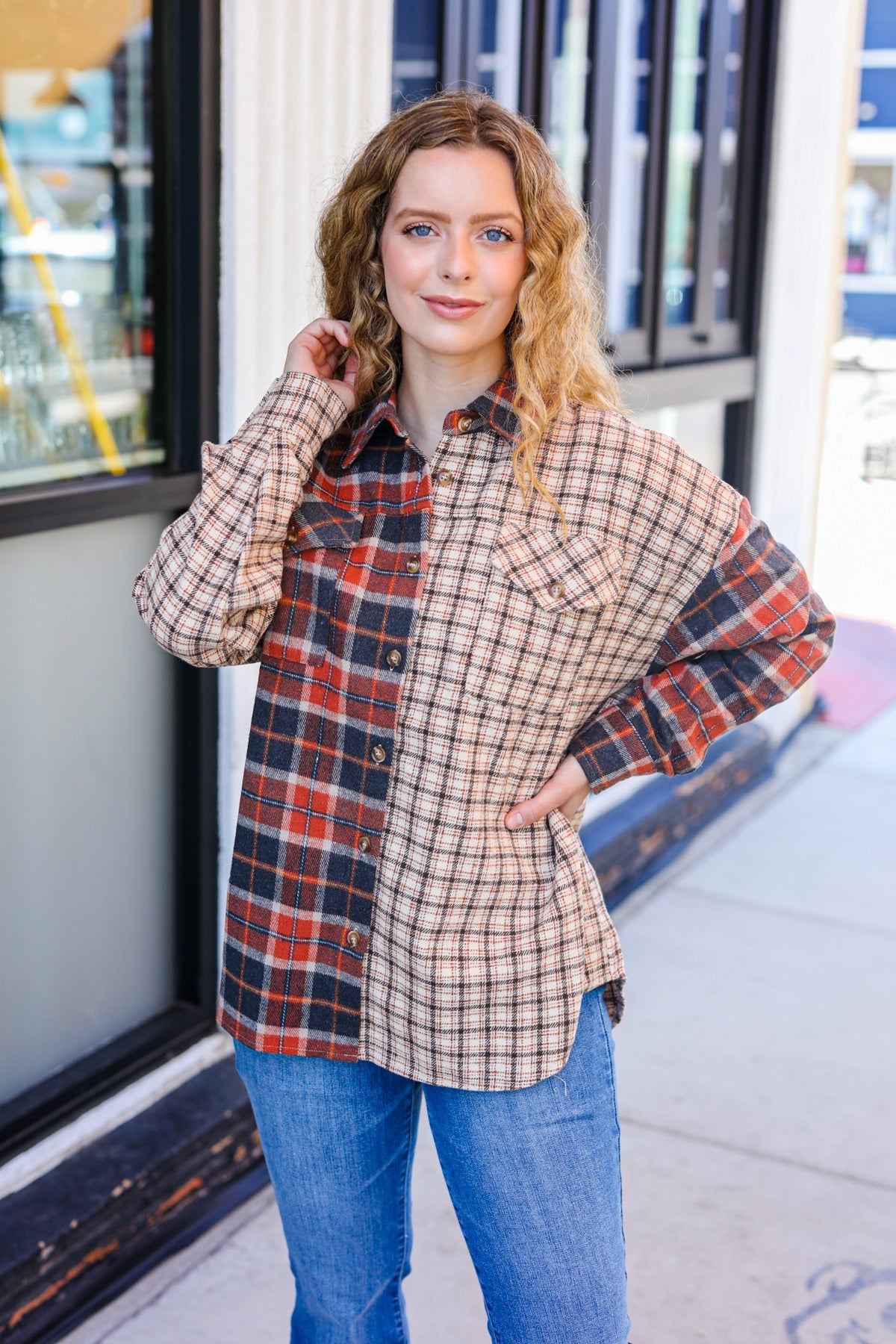 Rust & Taupe Plaid Color Block Shacket