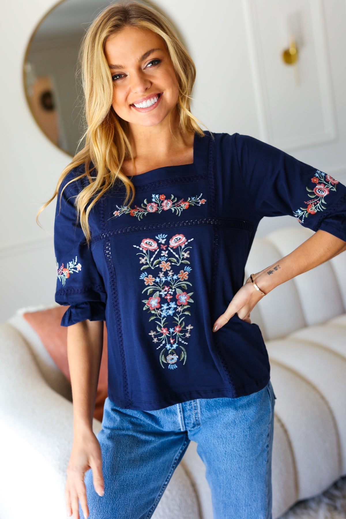 Navy Floral Embroidery Square Neck Blouse
