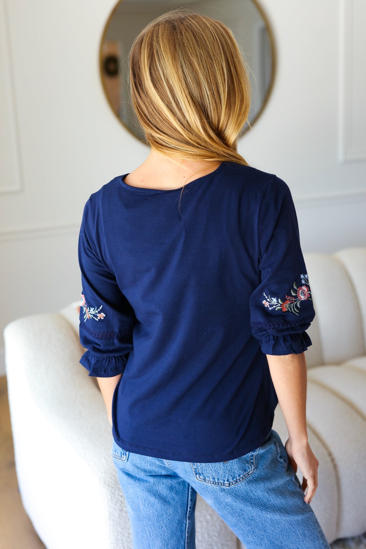 Navy Floral Embroidery Square Neck Blouse