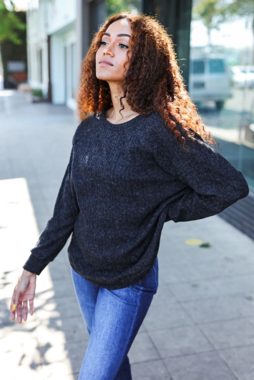 Charcoal Ribbed Brushed Hacci Sweater