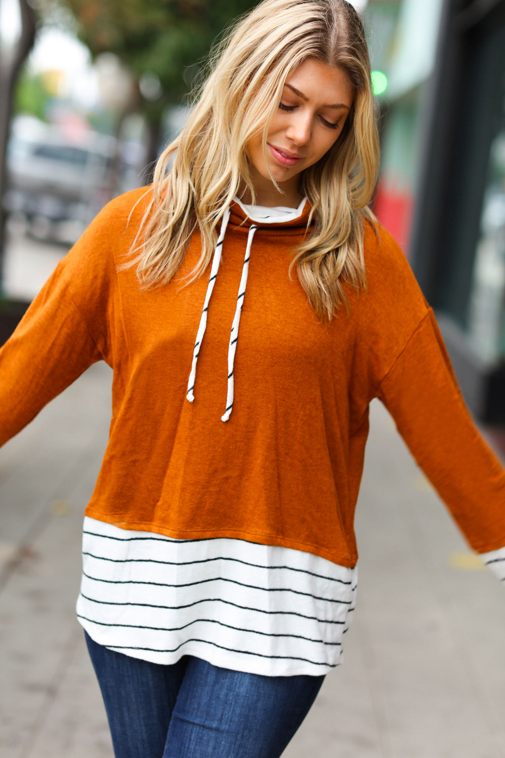 Rust Stripe Hacci Knit Turtleneck Top