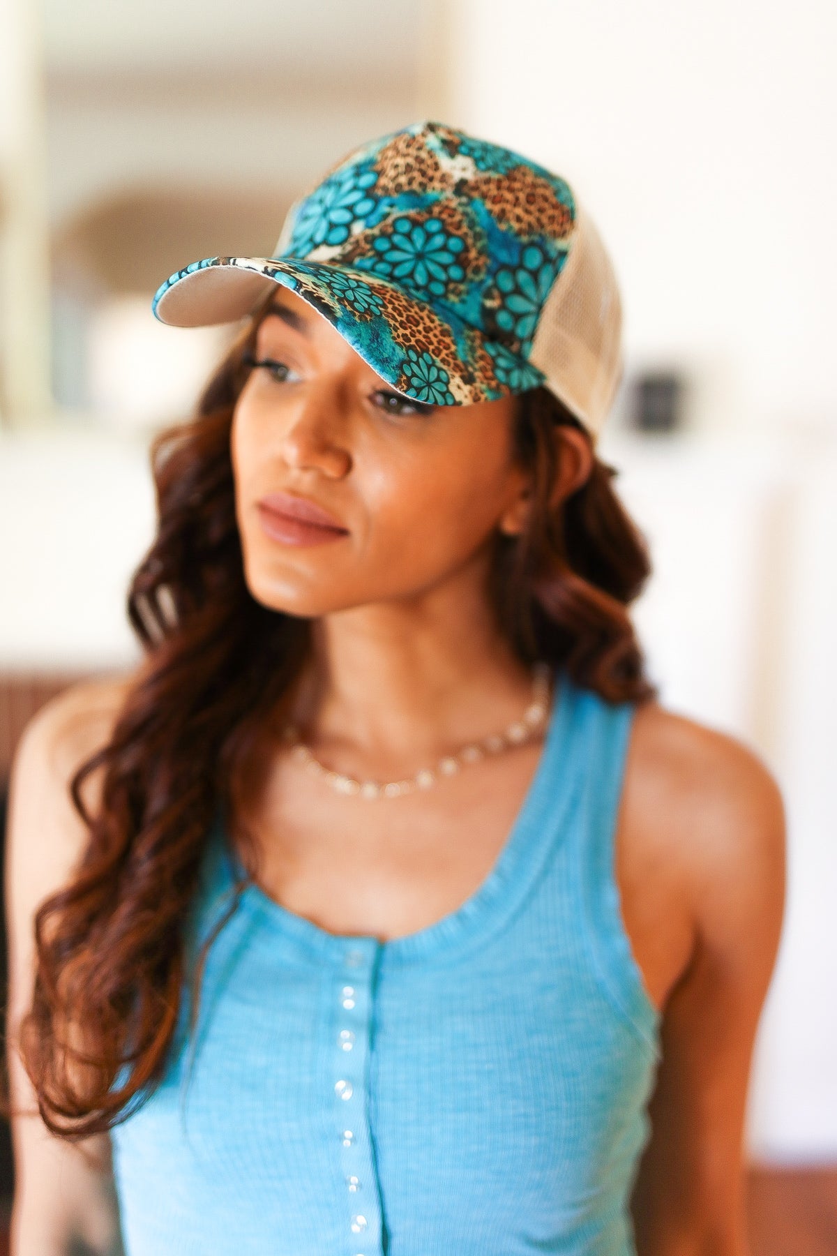 Turquoise Cheetah Print Mesh Ponytail Cap