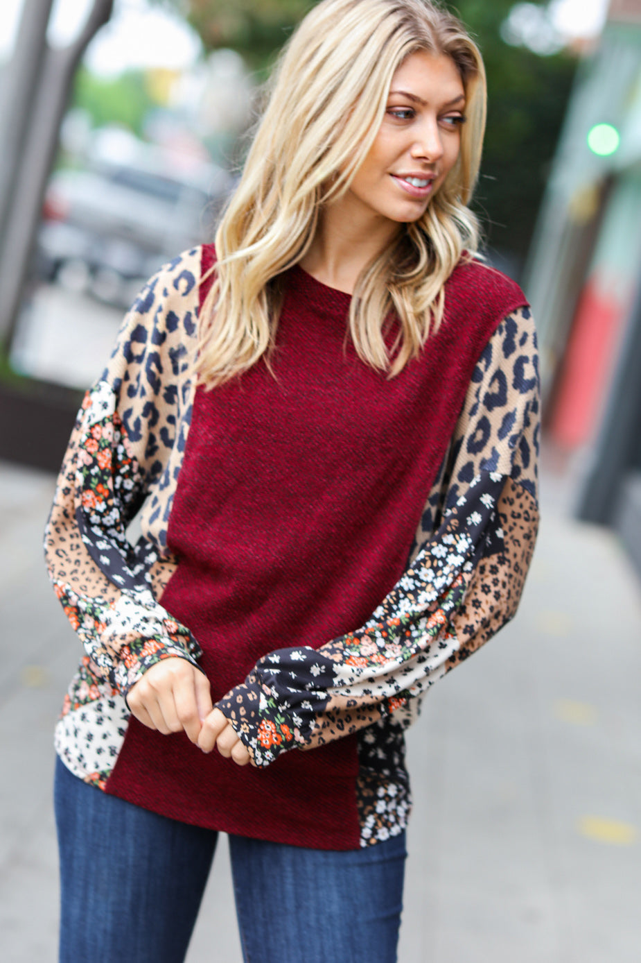 FINAL SALE - Burgundy Two Tone Floral & Animal Print Top