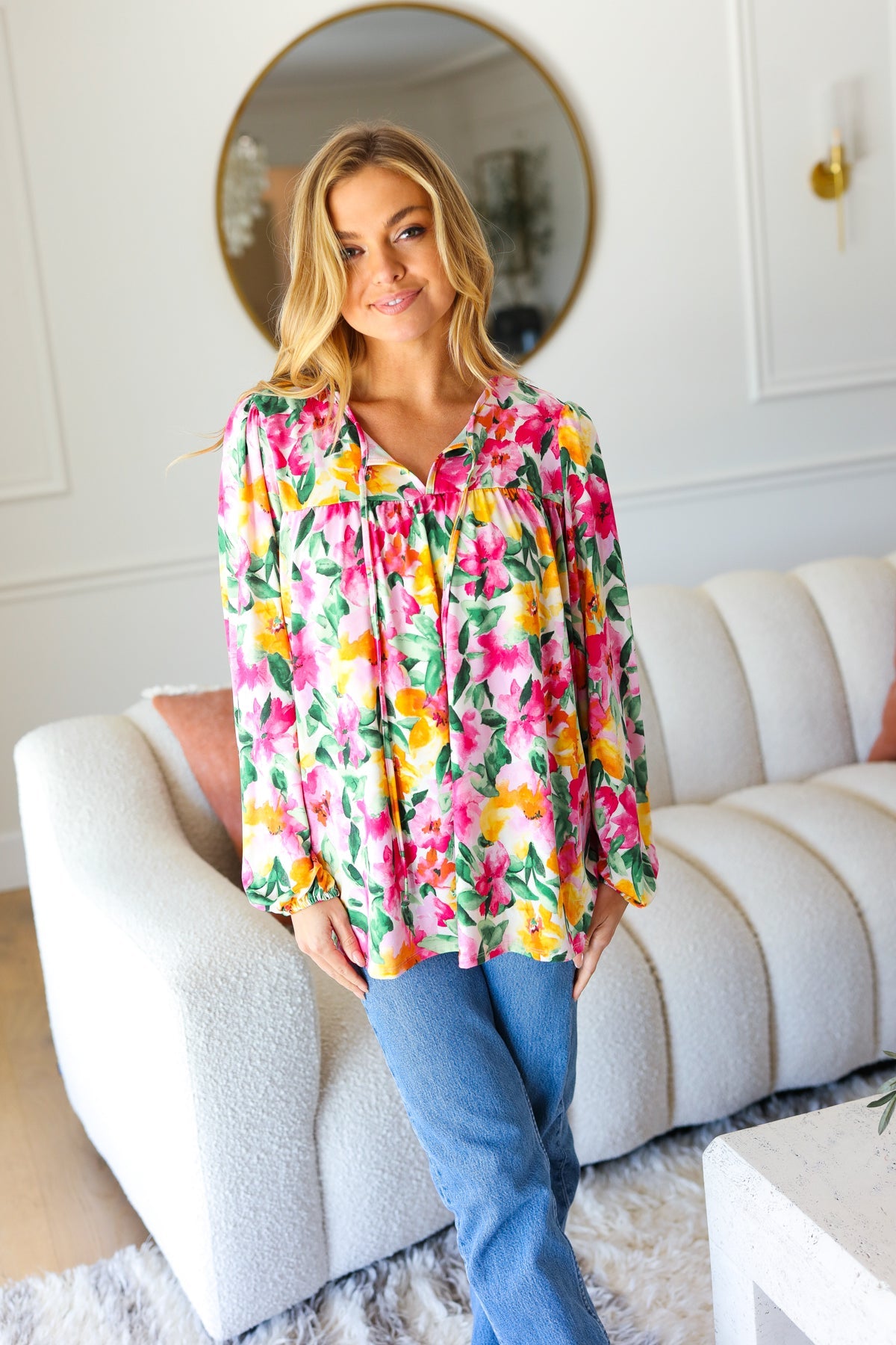 Watercolor Floral Yoke Tie Top