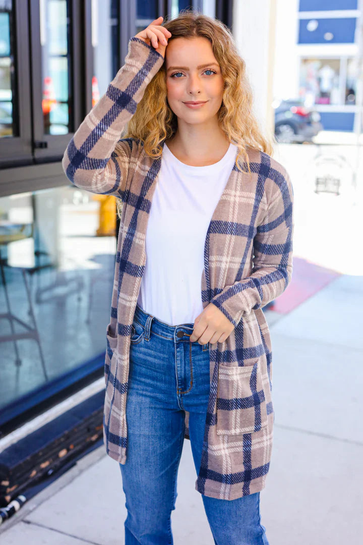 Taupe & Charcoal Plaid Hacci Open Cardigan