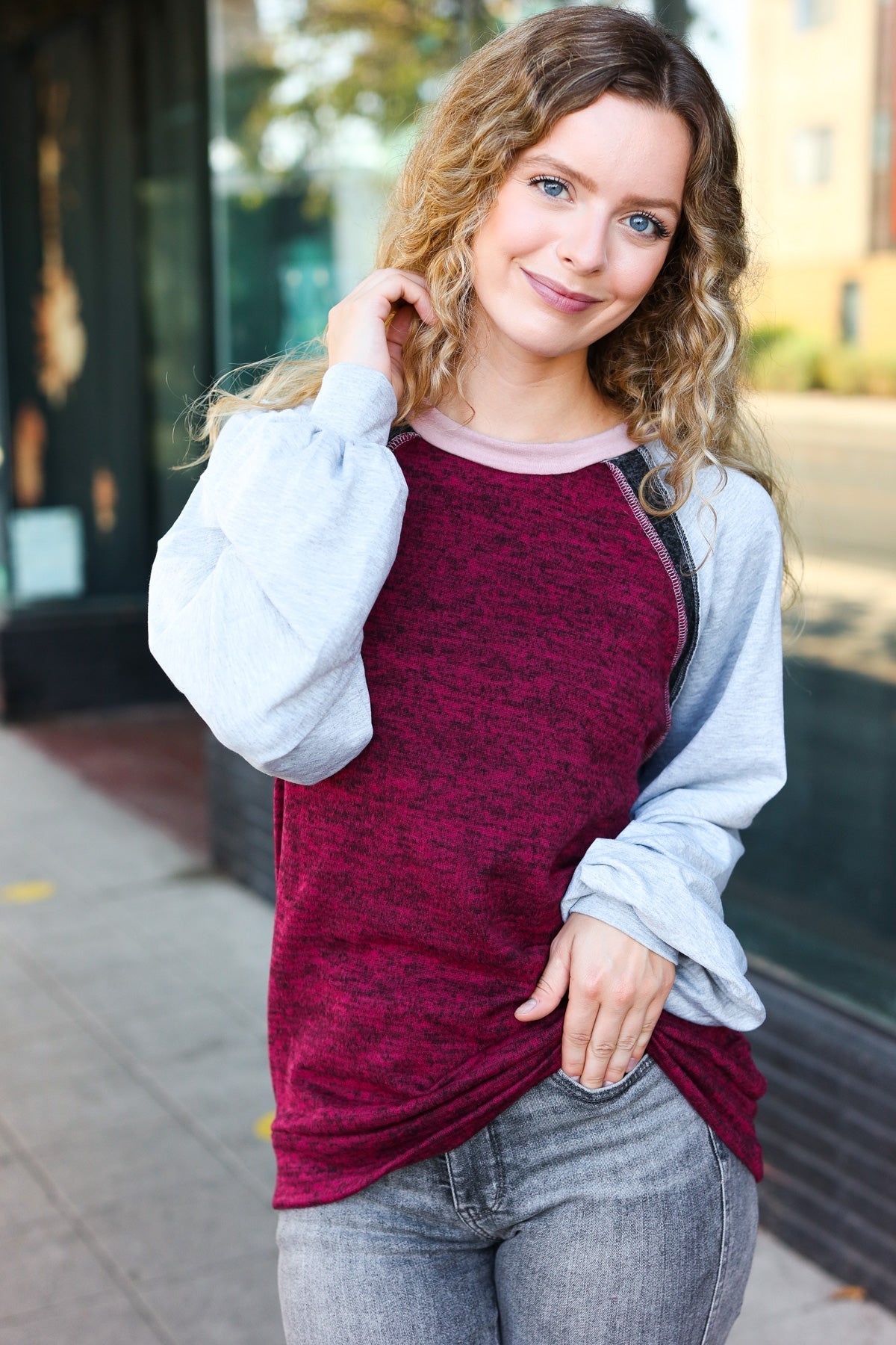 Grey & Burgundy Color Block Raglan Sweater