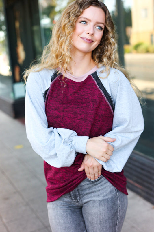 Grey & Burgundy Color Block Raglan Sweater