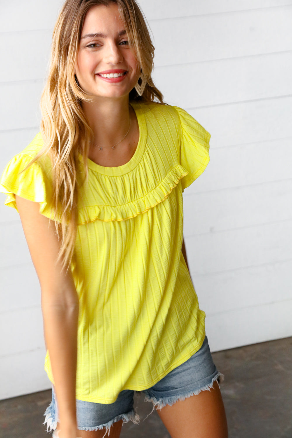 Yellow Wide Rib Frilled Flutter Sleeve Top