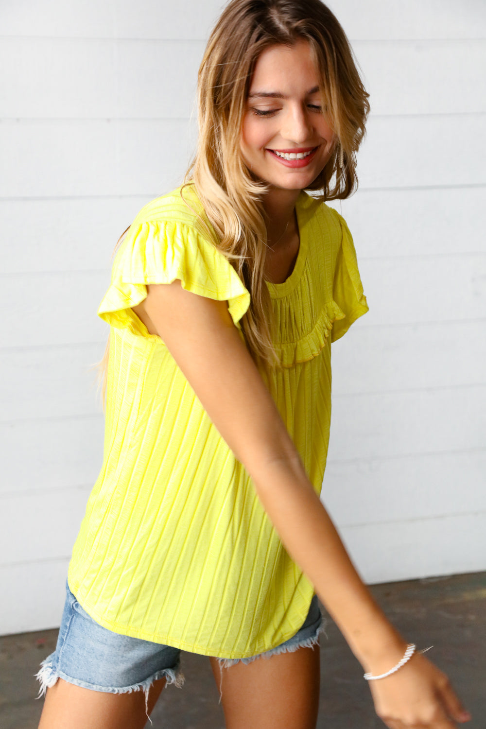Yellow Wide Rib Frilled Flutter Sleeve Top