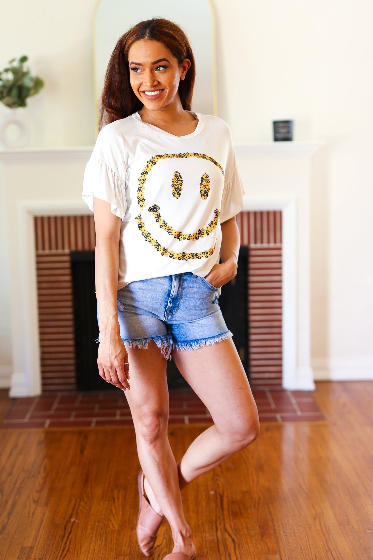 White Floral Smiley Face Flutter Sleeve Tee